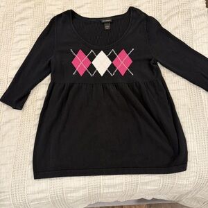 Lane Bryant Black Scoop Neck Top with Pink & White Argyle